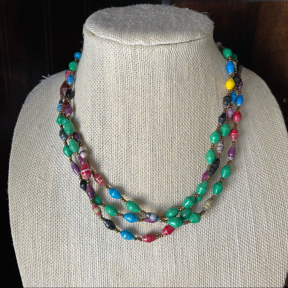 Kenyan Triple Strand Paper Bead Necklace